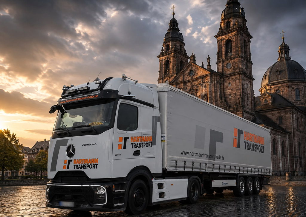 Mercedes-Benz Actros L von Hartmann Transport mit Krone-Sattelauflieger vor dem Fuldaer Dom